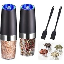 Gravity Electric Salt and Pepper Grinder Set, Battery Operated, Automatic Salt and Pepper Mills with Blue LightBlack, 2pcs/Pack, Adjustable Coarseness,One Handed Operation,Cleaning Brush