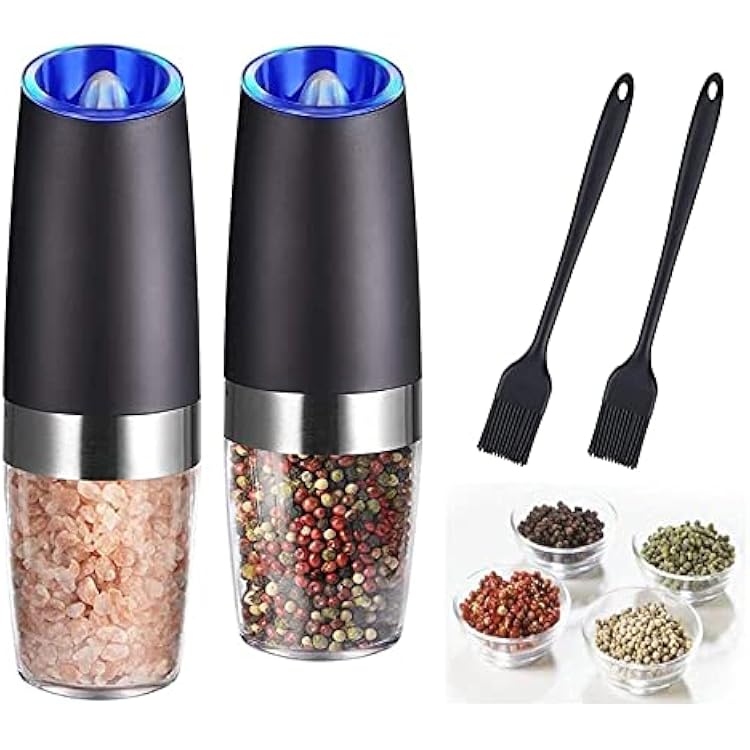 Gravity Electric Salt and Pepper Grinder Set, Battery Operated, Automatic Salt and Pepper Mills with Blue Light(Black, 2pcs/Pack), Adjustable Coarseness,One Handed Operation,Cleaning Brush