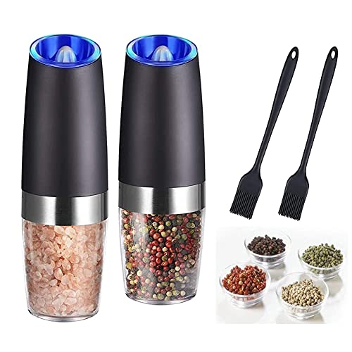 Gravity Electric Salt and Pepper Grinder Set, Battery Operated, Automatic Salt and Pepper Mills with Blue Light(Black, 2pcs/Pack), Adjustable Coarseness,One Handed Operation,Cleaning Brush