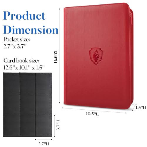 Image of Premium Zip Card Binder, Fabmaker 9 Pocket Trading Card Binder, PU Cover Zipper Card Collection Album, Sturdy 360 Side-Loading Card Folder Holder for Game & Sports Cards, Red