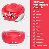 Gueray Portable CD Player Boombox Home Audio CD Players with Speakers FM Radio AUX Input Support Headphones Playlist Mode PROG Playback for Outdoor Indoor Audiobooks Red - Image 9