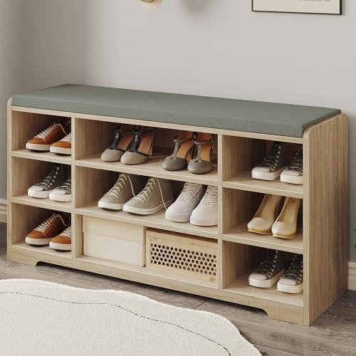 Hzuaneri Banco para Zapatos, Repisa para Zapatos, Armario de Almacenamiento, 9 Compartimentos, con Cojín, para Entrada, 30 x 103 x 52,7 cm, Roble Blanco SB10016GY