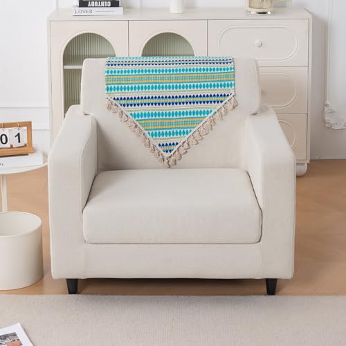 Image of HOKIPO 'Artisan Boho Series' Sofa Backrest Cover with Tassel | 450 GSM Thick Cotton Acrylic Jacquard Fabric Backrest Mat, Size 55x80 cm, Aqua Blue (IN-900-A4)