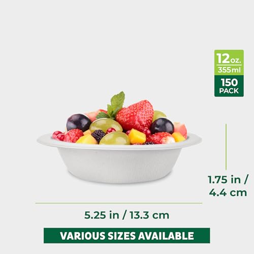 Image of Freshware Paper Bowls - Disposable Soup Bowl, Biodegradable Sugarcane Fiber Serving Bowls - Heavy Duty Bagasse for Hot Food Plates - Microwave & Freezer Safe, Stackable Dinnerware - 150-Pack, 12 oz.