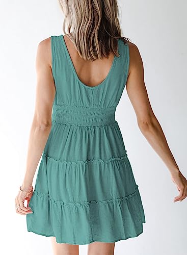 Image of Dokotoo Womens Summer Dresses 2026 Sleeveless Button Down Smocked Empire Waist Ruffle Tiered Casual Swing Mini Dress