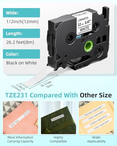Tze-231 Label Tape Cassette 12mm 0.47 White Schriftband kompatibel mit Brother P-touch Bänder 12mm Weiß Tze Tz231 Laminated Tape für Brother Beschriftungsgerät P touch E110 H100 H105 H107B D410 D210