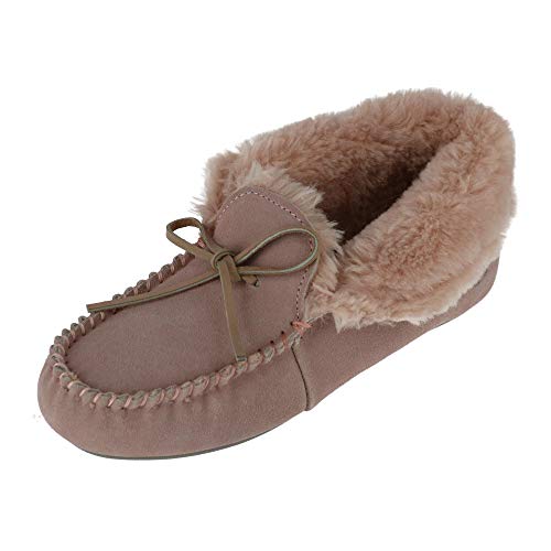 Dearfoams Women's Suede Foldover Bootie Slipper with Tie, Dusty Pink