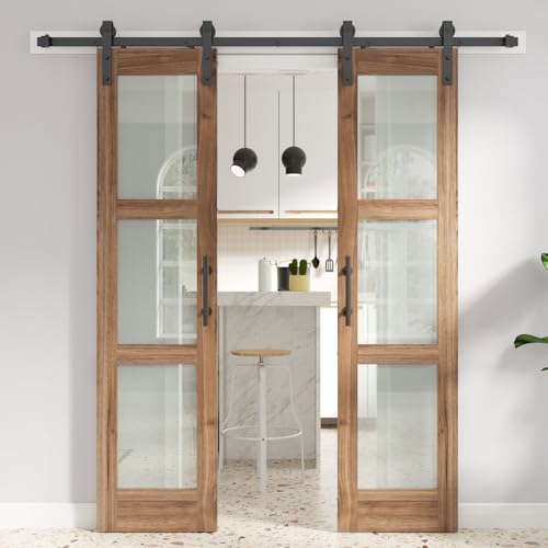 FREDBECK Double 21 x 84 inch Glass Barn Doors 36inch Barn Door with 7FT Hardware Kit & Handle...