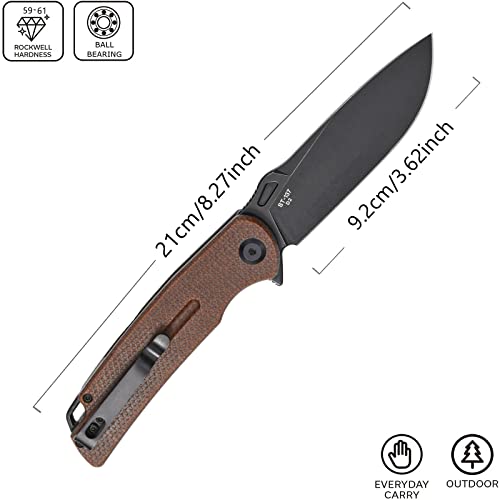Sitivien ST137 Folding Knife,D2 Satin Blade,Micarta Handle EDC Tool Knife for Outdoor Hiking Camping Fishing(Brown)