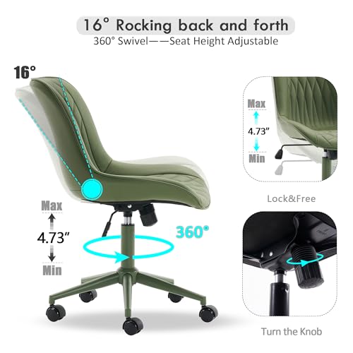 Image of YOUNIKE Faux Leather Office Desk Chair Comfy Vanity Chair Armless Green | Ergonomic Upholstered Rocking Back, Swivel with Wheels, Height Adjustable, Modern Task Chair For Computer Sewing Drafting