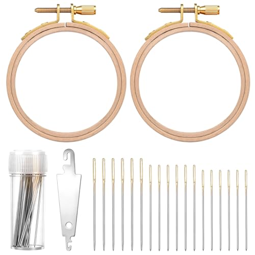 2 Stück 7.6cm Stickrahmen Holz, 30 Stück 3 Größen Sticknadeln und 1 Nadeleinfädler, Mini Stickrahmen Halterung Klein Embroidery Hoop Kreuzstich Reifen Runde Ring für Nadelarbeiten DIY Nähen Kunstwerke