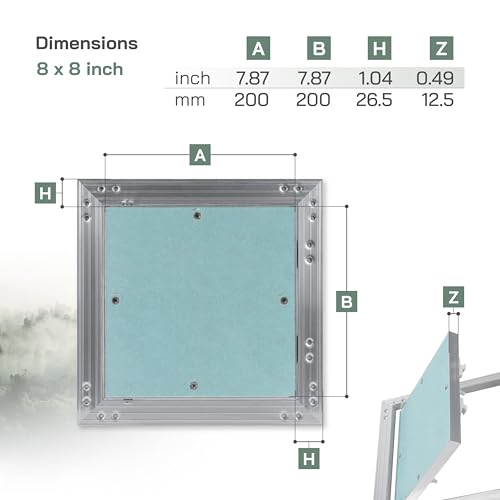 Vent Systems Revisionsklappe Trockenbau 20x20 cm mit 1.25 cm Wasserdicht Gipskarton - Wand, Decke Push-Click Aluminium Rigips Revisionstür - Innen Sanitär - Befliesbar Wartungsklappe, Serviceklappe