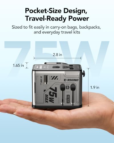 Image of MFish 75W Universal Travel Adapter, 5-Port International Power Adapter with Retractable USB-C Cable, 3 USB-C & 1 USB-A + AC Outlet, Worldwide Wall Charger for MacBook, iPhone, iPad, EU /UK /US /AUS, Grey