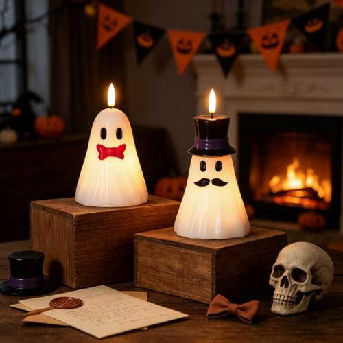 Image of Halloween Flameless Ghost Candles Spooky Ghost Decor, 2PCS | Halloween Decor Indoor, Halloween Decorations, Real Wax, Hand Painted, 6H Timer, Halloween Candles Battery Operated