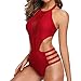 JEsilunmaMY Women Mesh Cutout Swimsuits Solid Color High Neck Halter Monokini Swimwear Slim Fit Cut Out Sheer Bathing Suit (Red,Large)