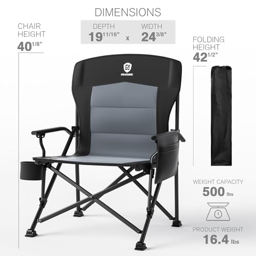 Image of EVER ADVANCED Oversized Folding Camping Chair, Heavy Duty Lawn Chair with Side Pockets, Portable Collapsible Chair for Outside, Support Up to 500lbs, Black
