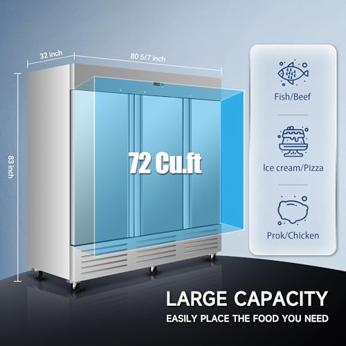 Image of 81 inch W Commercial Upright Freezer with Three-Door: 72 Cubic Feet Storage, Adjustable Shelving, Automatic Defrosting, Precision Digital Thermostat, LED Lights, Safety Locks