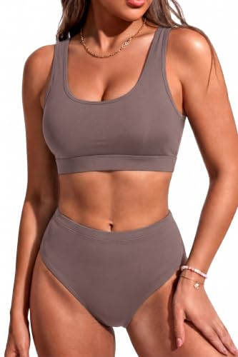 Image of Tempt Me Women Sporty Bikini Set Two Piece High Waisted Swimsuit Athletic Scoop Neck Bathing Suit