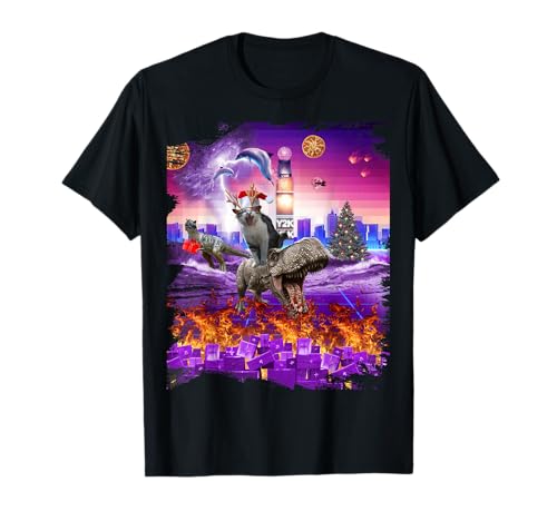 Noël juillet, chat chevauchant un dinosaure, Synthwave T-Shirt