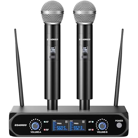 Aokeo Wireless Microphone System, Metal Wireless Mic Set with Case,Handheld Cordless Dynamic Microphones for Singing, Karaoke, Church, DJ,100ft Range Cover