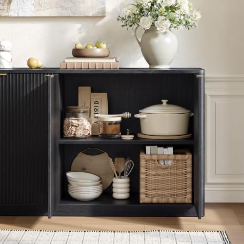 Image of Evermagin 94.5 inch Fluted Black Buffet Cabinet with Storage | Mid-century modern wood sideboard, large credenza with 6 doors for kitchen or living room, 94.5 inchW x 31.5 inchH x 15.7 inchD