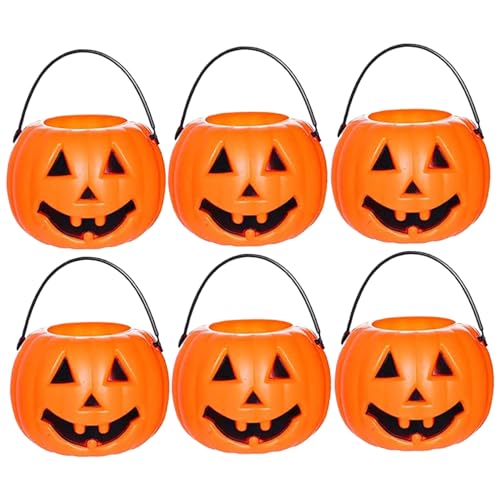 Plastic Pumpkins 6Pcs Halloween Pumpkin Bucket Devil Smile Pumpkin Candy Bucket Plastic Halloween Candy Holder with Handle Trick or Treats Style 1