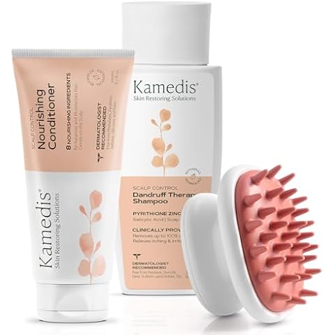 KAMEDIS Clinically Proven Anti-Dandruff Therapy Shampoo 6.7 Fl Oz, Fullfilable Scalp Brush & Scalp Nourishing Hair Conditioner. Treatment for Dry, Itchy, Flaky, Sensitive Scalp & Hair Cover