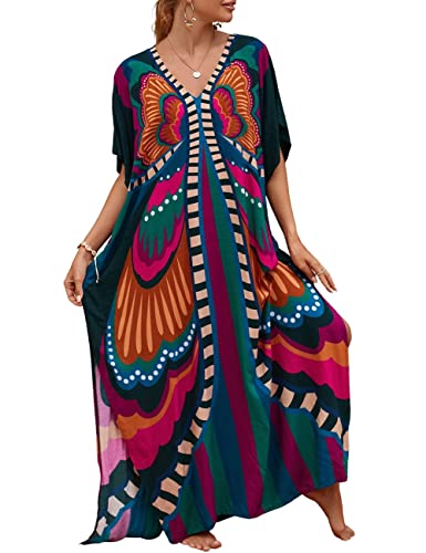 Bsubseach Kaftan Dresses for Women V Neck Butterfly Print Plus Size Batwing Sleeve Caftans Long Bathing Suit Cover Up