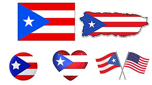 Image of Set of 5 Puerto Rico Flag Themed Sticker Decal of Flag, Country Map, Pop Socket Shape, Heart Shape and one with USA Flag for Car, Phone, pop sockets, Laptop, Mug, Bottle, Textbooks (Puerto Rico)