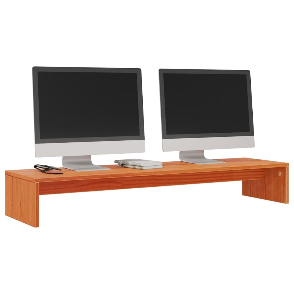 Supporto per monitor, marrone cera, 100 x 27 x 15 cm, in legno di pino massiccio, regolabile in altezza, per lavorare ergonomicamente in casa e in ufficio, ideale come accessorio da scrivania