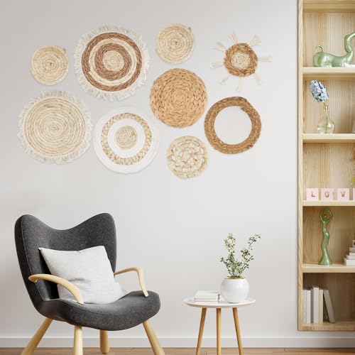 Rongxze 9 Stück Boho Wanddeko, Boho-Wandkorb-Set, Gewebte Wandkorbdekoration,Handgefertigt, Runde Wandkunst für Bauernhaus,für Wanddekoration, Schlafzimmer, Wohnzimmer, Küche
