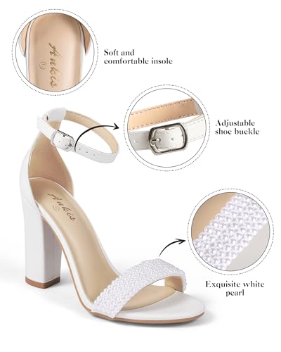 Image of Ankis White Heels Wedding Shoes for Bride Women Chunky Heels Pearl High Heels Heeled Sandals 4 Inch
