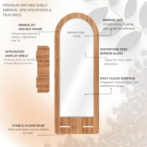 Image of Creative Arts n Frames 15x39 inch Wall Mount HD Framed Mirror with Shelf for Bathroom Bedroom Living Room Home Office Decor Items (Natural Iqurel Oak Light Mirror with Shelf Arch)