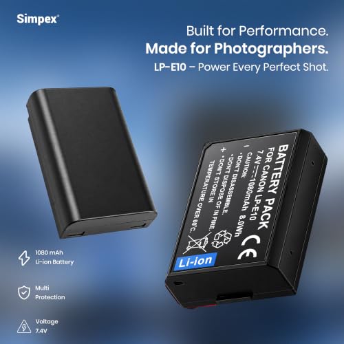Image of Simpex LP-E10 Rechargeable Camera Battery 7.4V Li-ion Replacement Battery Compatible with Canon EOS 1100D, 1200D, 1300D, EOS Kiss X50, Kiss X70, EOS Rebel T3, T5 & T6 DSLR Cameras(Black)