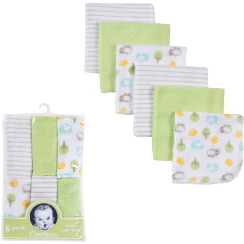 Image of GERBER Boys and Girls Newborn Infant Baby Toddler Soft Bath Woven Washcloth 6-Pack, Green/White/Stripe/Farm Animals, 6-Pack