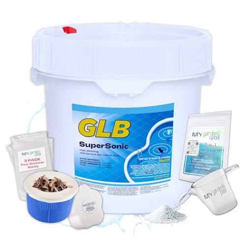 GLB Supersonic 73% Cal Hypo Shock 25 lb Pool Shock 73% Chlorine Granules with My Garden Pool Measurement Cup Scum Sponge Scum Socks (3 ct.) & 7-in-1 Test Strips (20 ct.)