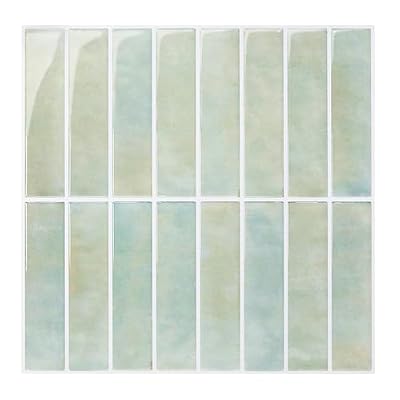 Commomy Peel and Stick Tile - 10 Pcs of 12'' x 12'' Vertical 3D Cream Green Peel and Stick Backsplash for Kitchen and Bathroom Interior Wall Tile(Glossy Surface, Covers 10 sq.ft)