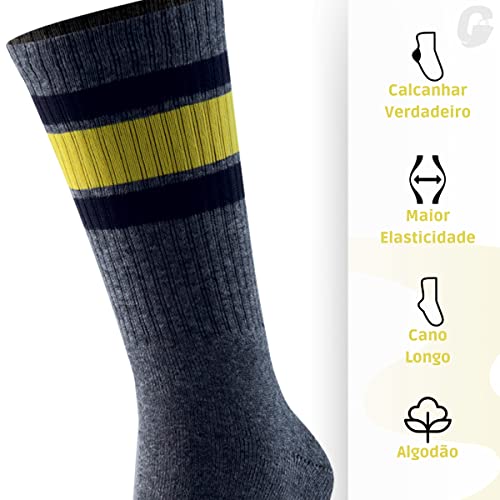 Kit 02 Pares Meias Cano Alto Mash Esportiva Masculina Adulto | Branco Com Verde | Cinza Com Amarelo