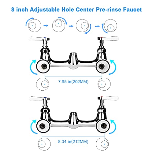 Kwode Commercial Faucets With Pre-Rinse Sprayer 8 Inch Center Wall Mount Kitchen Sink Faucet For Restaurant Industrial 3 Bay Compartment Kitchen Sinks 35” Height 12” Add-On Swivel Spout Double Handle #TOP2