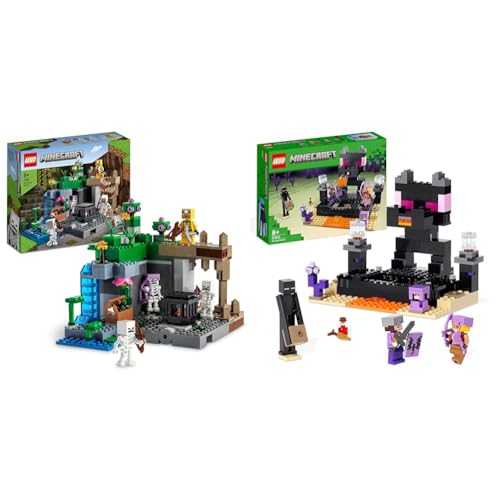 LEGO 21189 Minecraft La Mazmorra del Esqueleto, Juguete para Niños, Set con Cuevas, Estalactitas, Ballesta y Figuras de Esqueletos & 21242 Minecraft El Combate en el End, Juego de Batalla, PVP