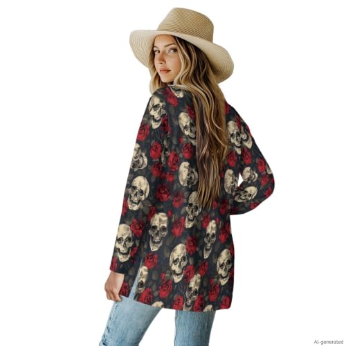 Jndtueit Goth Skull Fall Cardigan for Women Red Roses Casual Open Front Loose Plus Size Cardigan Lightweight Long Sleeve Dusters Drape Jackets Dressy V-Neck Flowy Tops by Jndtueit - Used condition - Image 2