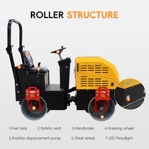 Image of MMS 1 Ton Double Drum Vibratory Road Roller, 13.5HP 420cc Gas Powered Fully Hydraulic Compactor, 27.6 in Drum with Water Spray System for Asphalt, Pavement, Driveways and Soil