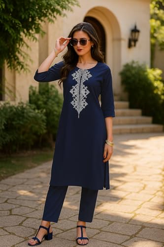 Image of SHIENZY Women's Cotton Blend Emroidered Kurta Pant Set | Ethnic Wear for Festive & Casual | Stylish Straight Fit | Elegant Indian Outfit (1662)