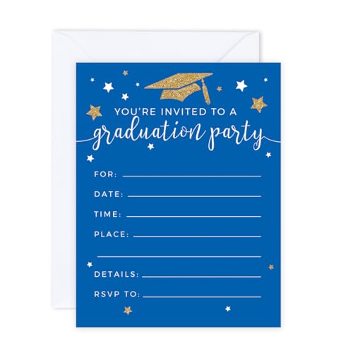 Andaz Press Gold Glittering and Royal Blue Graduation Invitations 2025 with envelopes, 20-Pack Graduation Party Decorations 2025 Grad Party Invitation, Invitaciones Para Graduacion Class of 2025