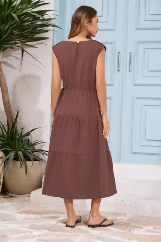 Image of calbatic Women Pleated Ruched Tiered Maxi Dress Sleeveless Patchwork Ruffle Hem A Line Flowy Summer Elegant Long Dress