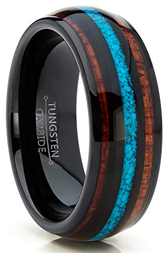 Metal Masters Co. Black Tungsten Carbide Koa Wood & Crushed Turquoise Inlay Men's Comfort Fit Wedding Band Engagement Ring - Size 10 8MM