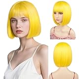 Bob Wigs with Straight Flat Bangs 12' Synthetic Fiber Hair Includ Wig Cap Yellow Wig for All Women Kids Halloween Costume Party Colorful Wigs (Yellow)