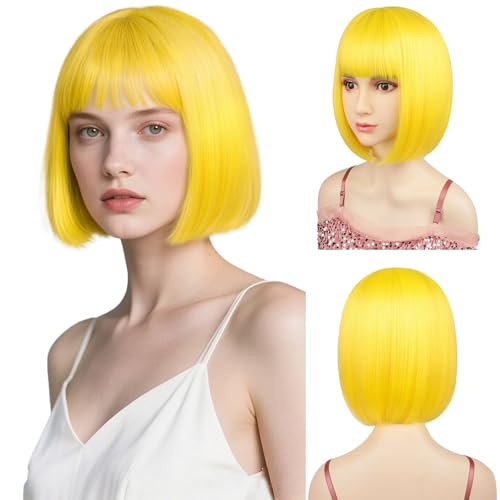 Sarannala Bob Wigs with Straight Flat Bangs 12 Synthetic Fiber Hair Includ Wig Cap Yellow Wig for All Women Halloween Costume Party Colorful Wigs (Yellow)