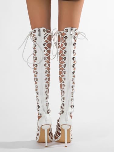 Image of STUPMARY Women Peep Toe Sandals Cut-outs Cross-tied Lace Up High Heeled Gladiator Sandals Zipper Over The Knee Bootie Summer