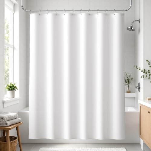 Image of Bathway White Shower Curtain Liner Fabric 72x72 Inches Waterproof Shower Curtain Liner Washable Shower Liner with 3 Magnets and 12 Rustproof Metal Grommets, Cloth Shower Liner for Bathroom